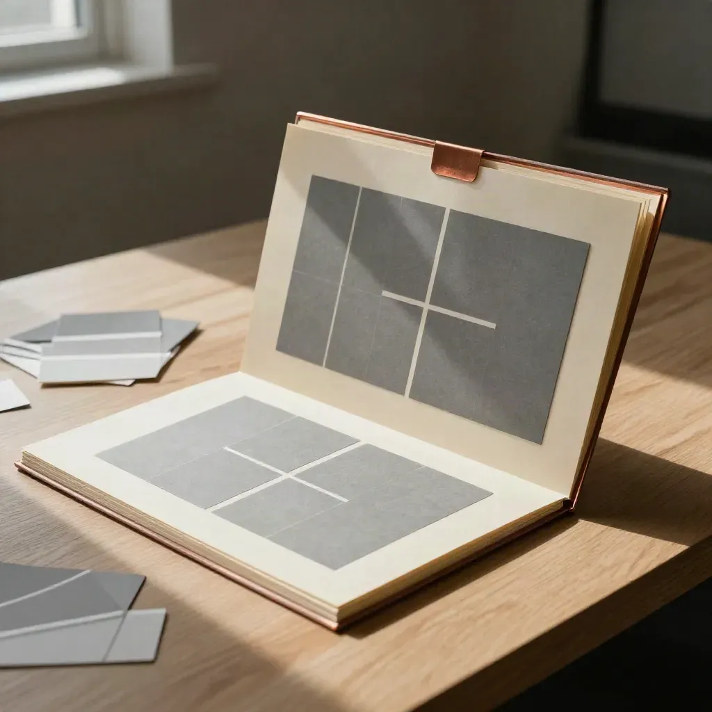 Fold-open folder with copper tabs and blank concept cards on a studio table