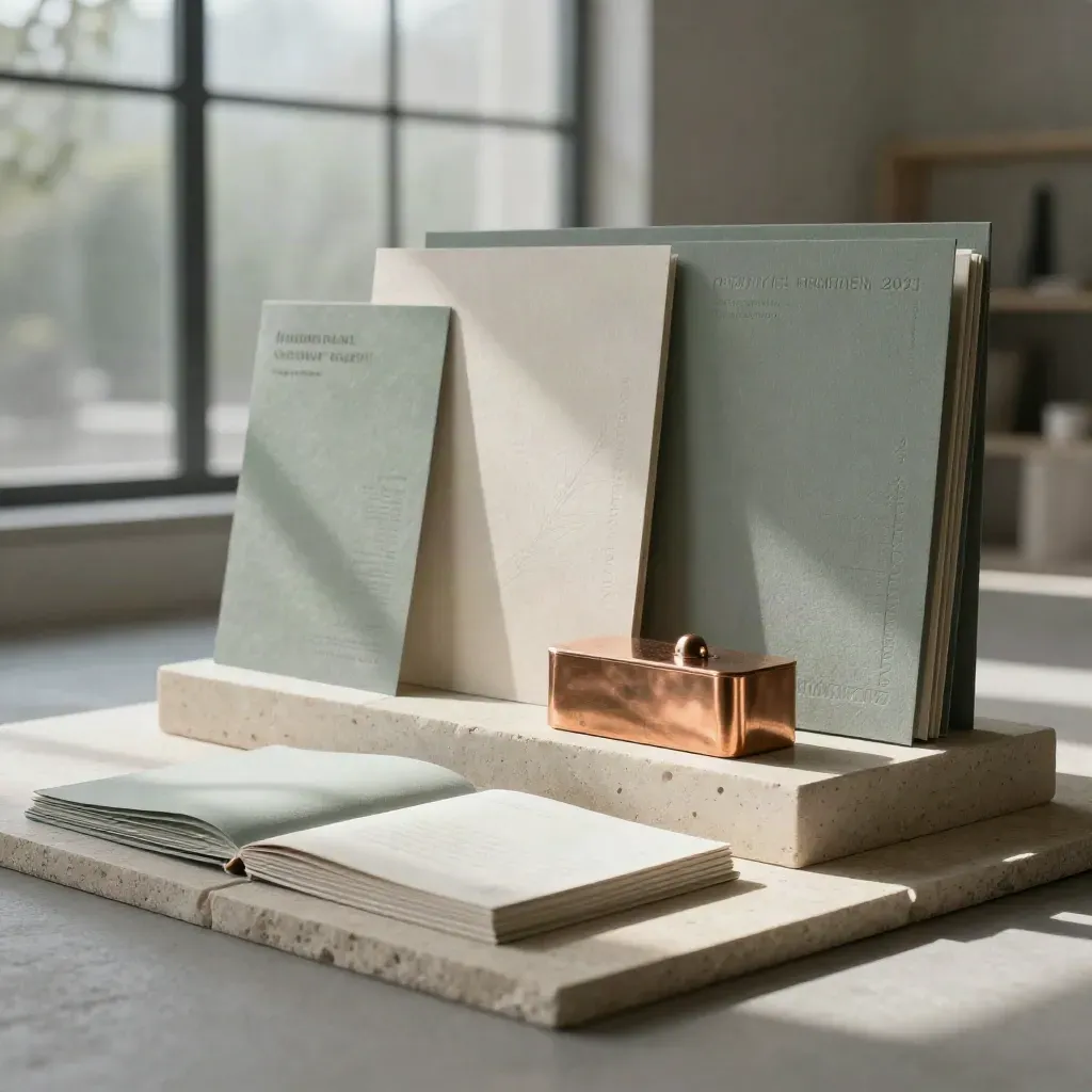 Copper paperweight on brand boards in a sunlit studio loft with calm copy space.