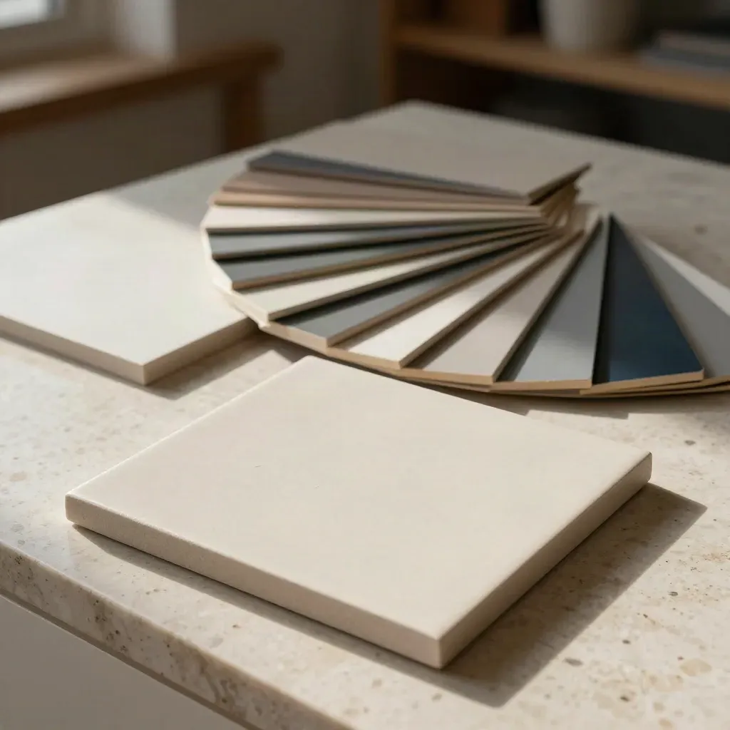 Embossed logo tile beside fanned color-chip swatches on travertine in soft daylight.