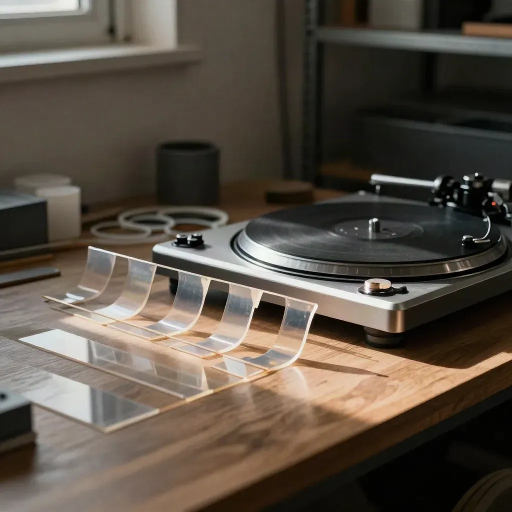 Acetate frame strips arc over a black turntable disc on a walnut studio bench.