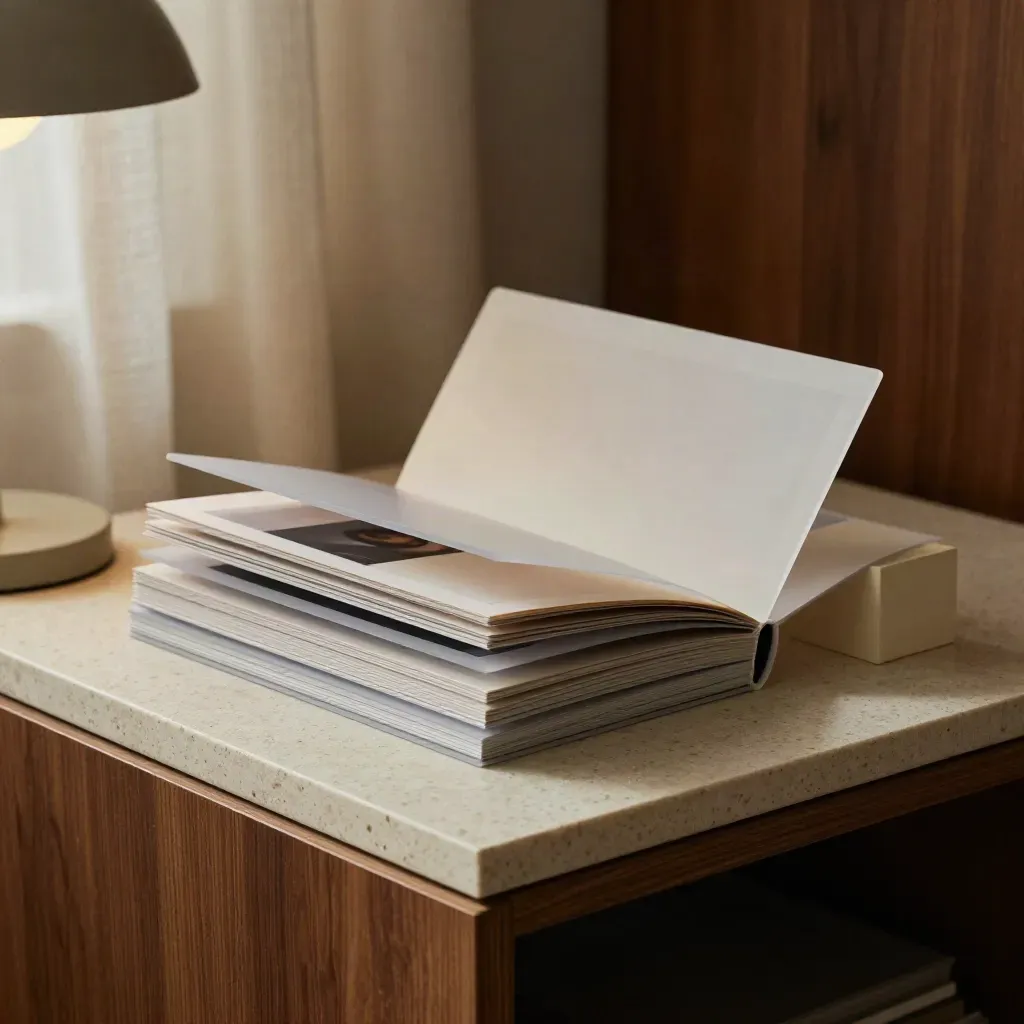 Frosted acetate page frames, wireframe booklet, and model block on travertine shelf