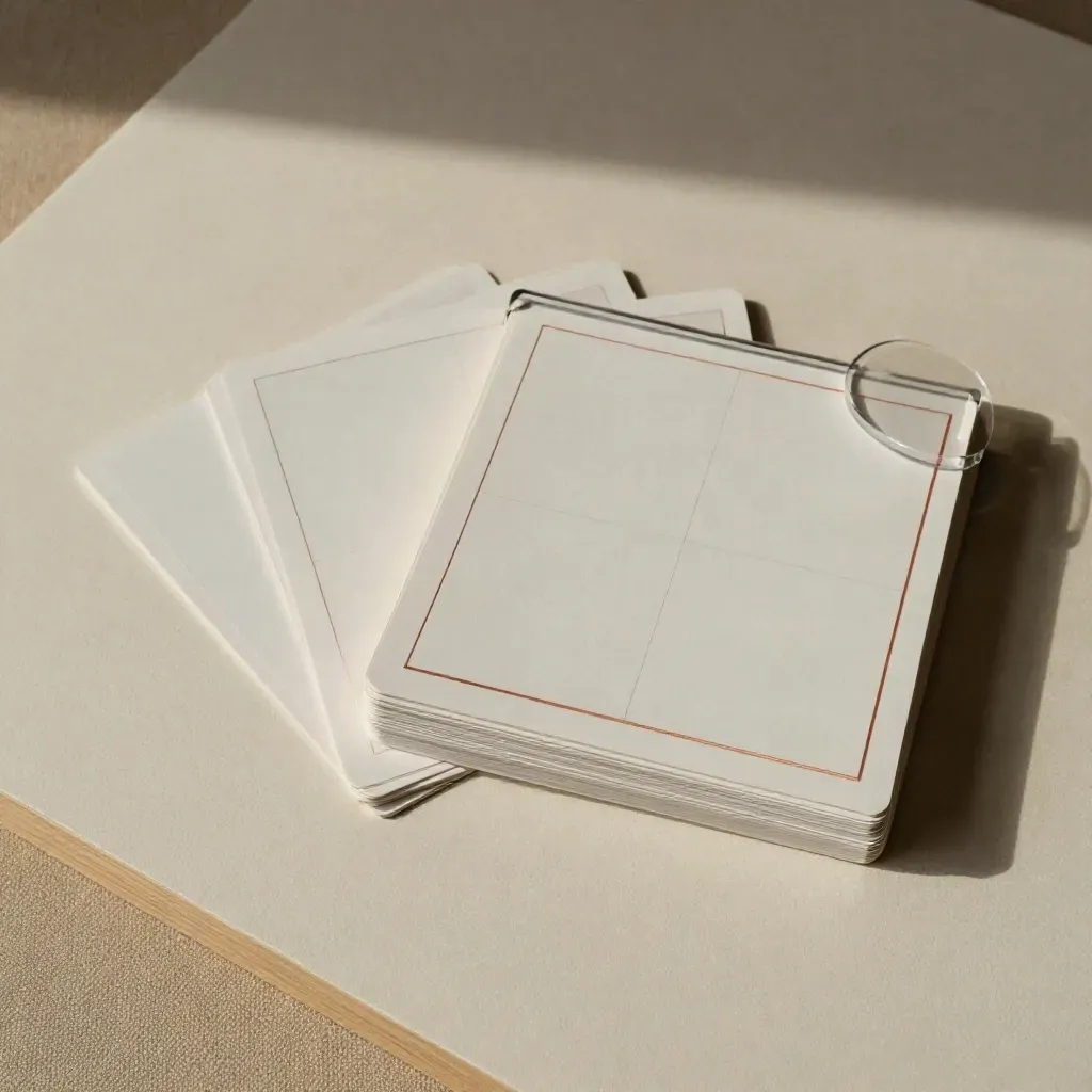Top-down stack of social content template cards with an acrylic guide on a warm ivory board.