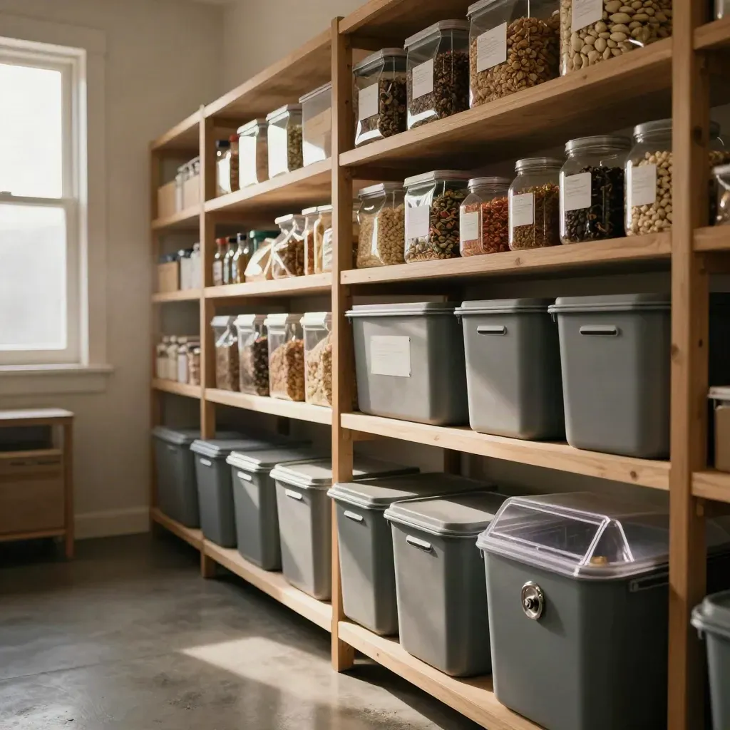 Food bank pantry with donation box, stacked staple bins, and warm late-afternoon light.