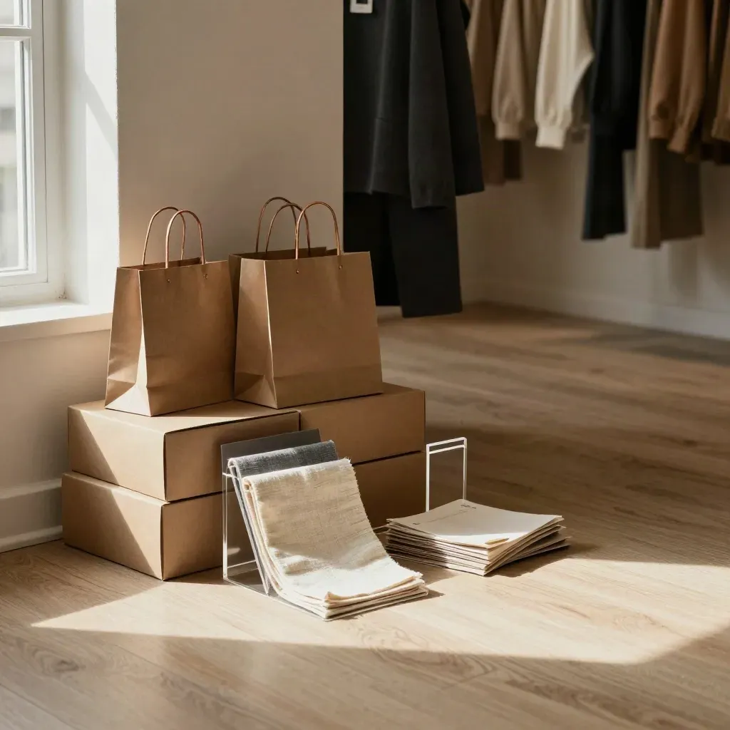 Sunlit retail launch corner with bags, boxes, and display risers in warm neutral tones.