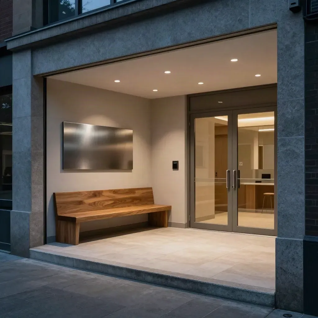 Renovated clinic entry glowing at dusk with stone, oak seating, and a blurred metal sign panel.