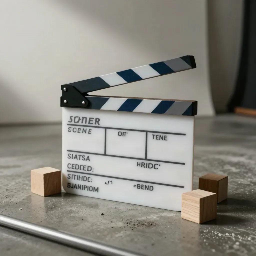 Folded production board with blank scene markers on a concrete studio floor under dramatic light
