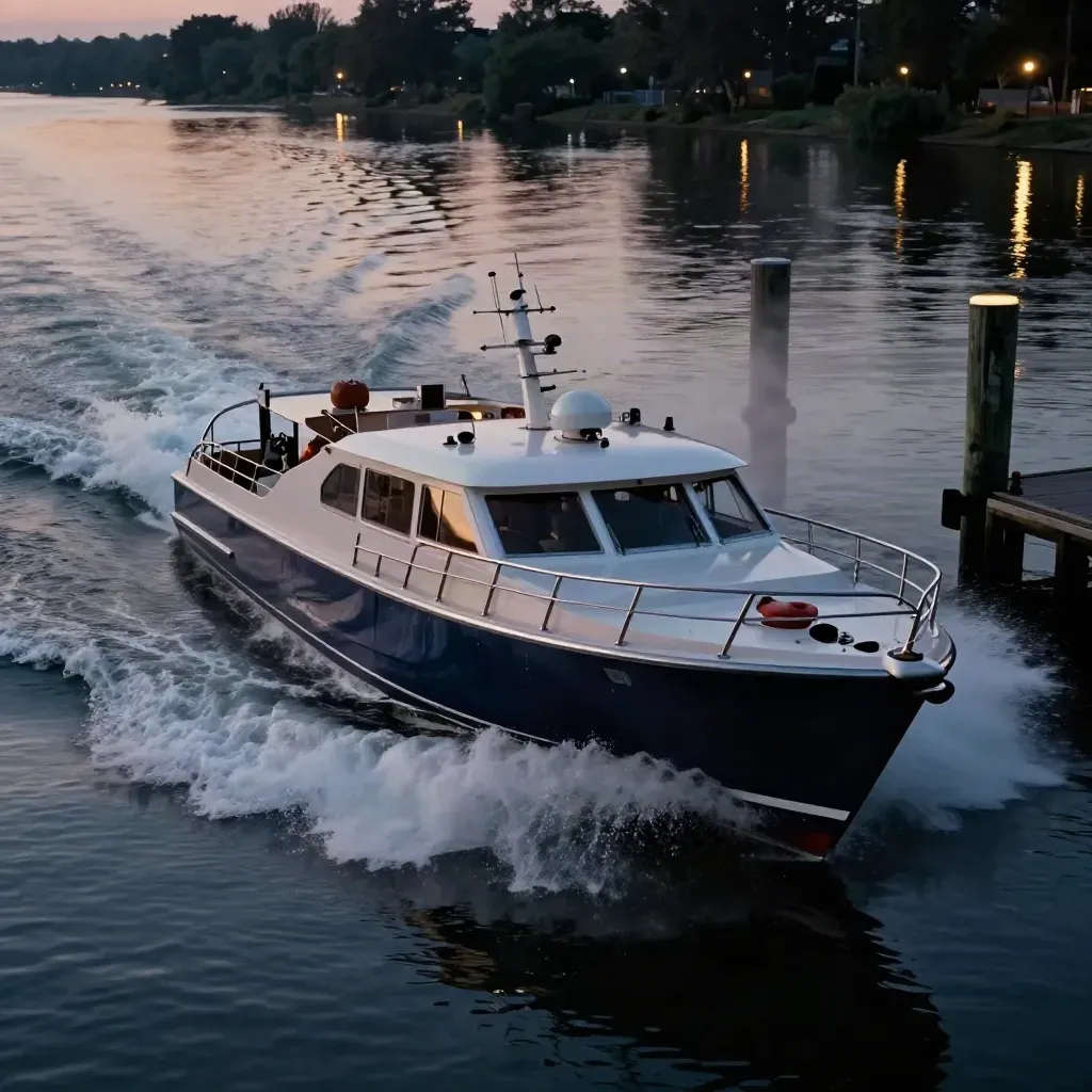 Navy river taxi slicing away from the dock at dusk, leaving a silver wake.