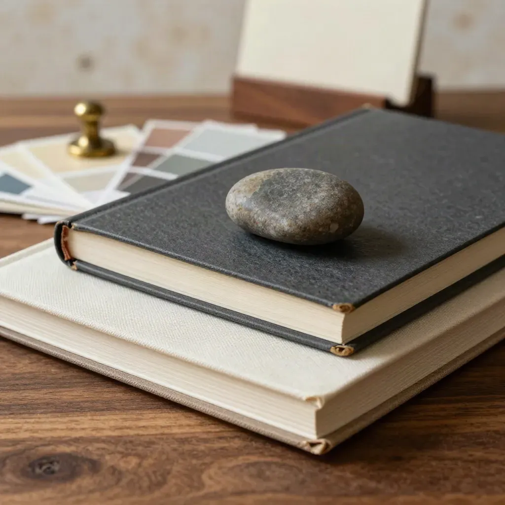Macro still life of sketchbooks, swatch cards, and a stone paperweight on walnut.