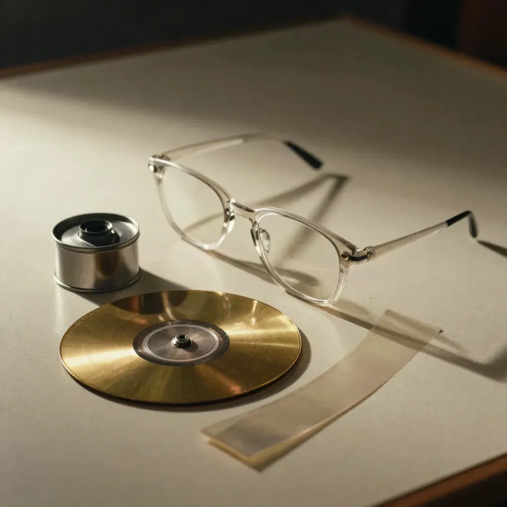 Close-up of translucent frame strips, a film canister and brass disc on a light table.