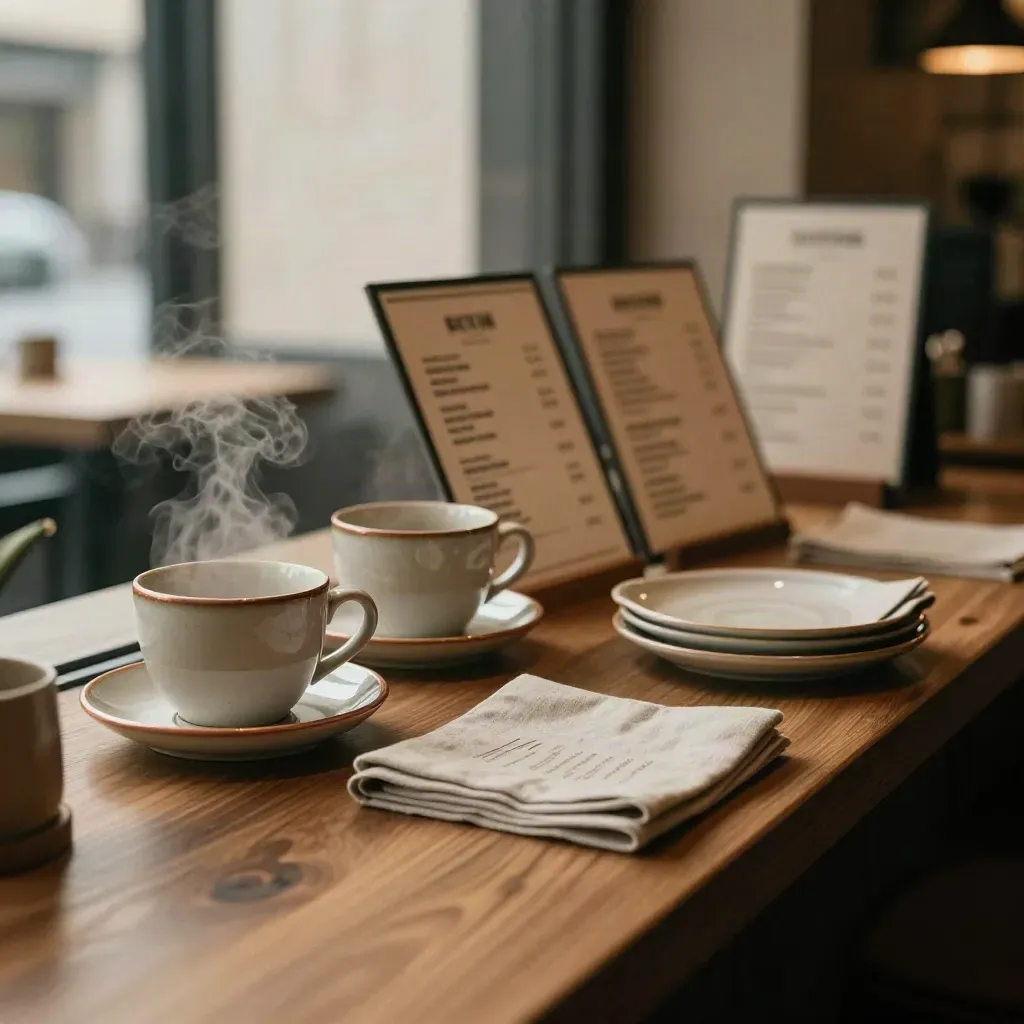 Cafe counter with ceramic cups, folded napkins, and blurred menu boards in warm steam haze