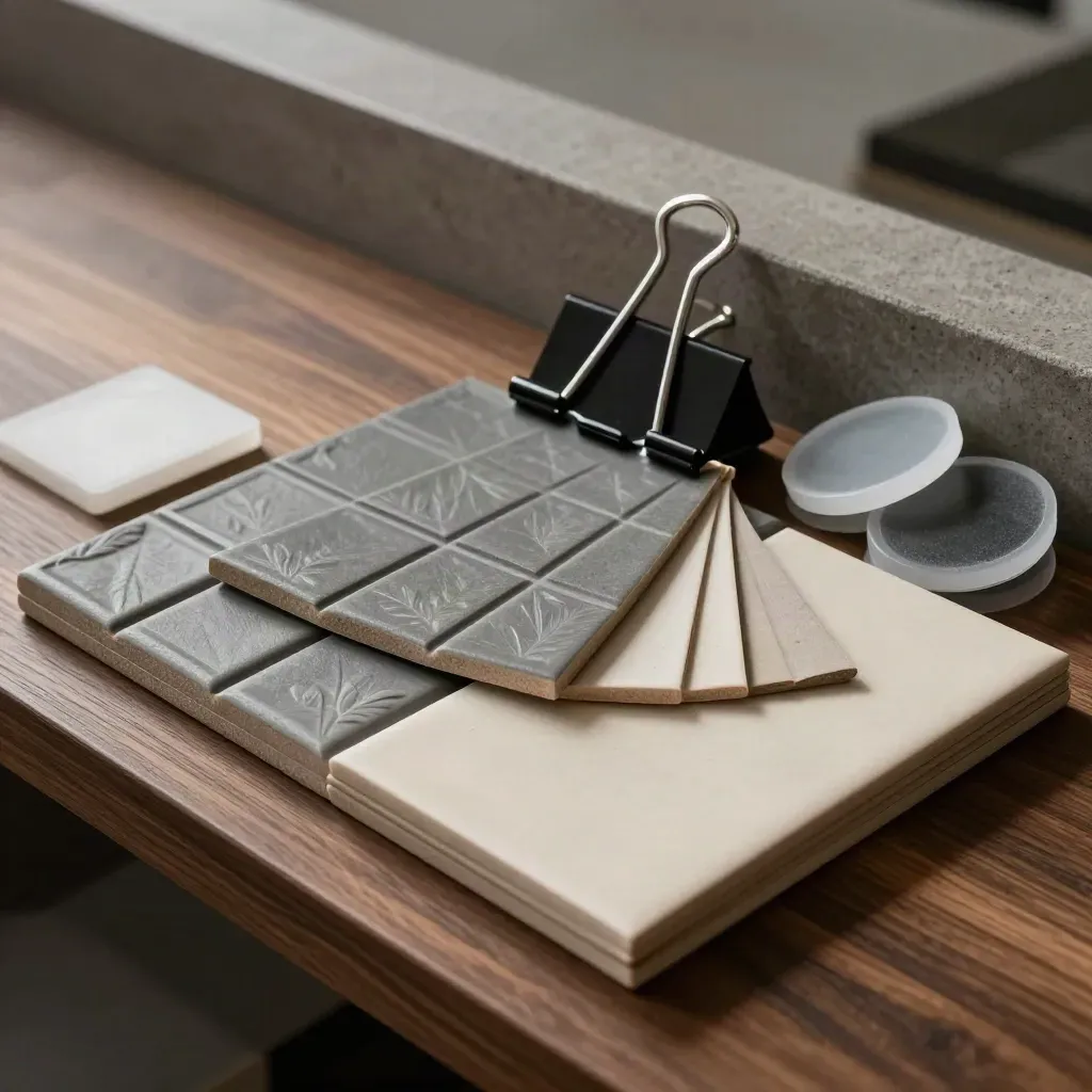 Embossed sample tiles, acrylic chips, and a black clip on a walnut sample shelf.