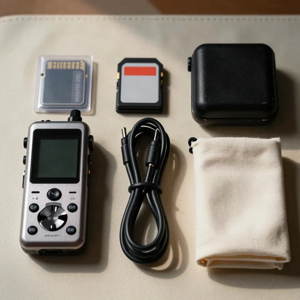 Portable audio recorder kit with memory cards, coiled cables and prop case on warm ivory mat.
