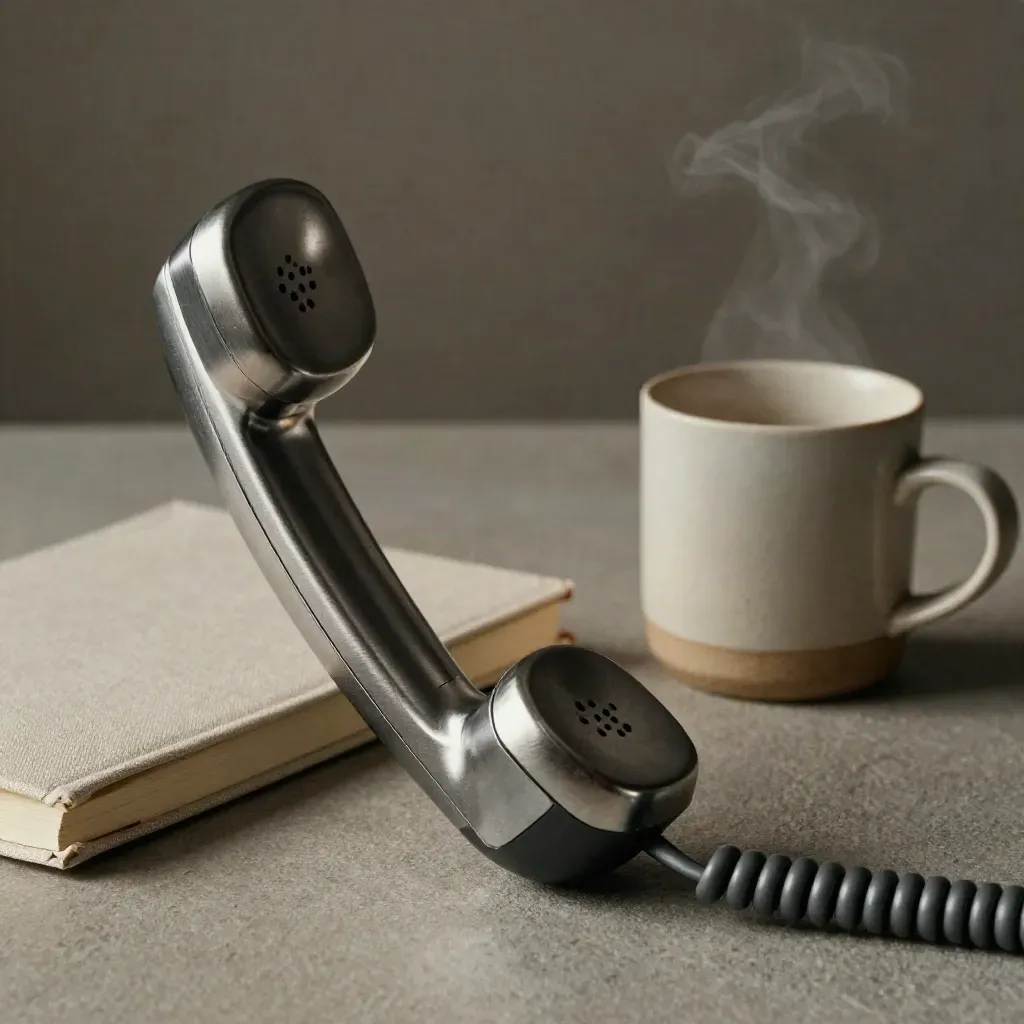 Brushed-metal handset, linen notebook, and coffee ring on pale stone in soft side light.