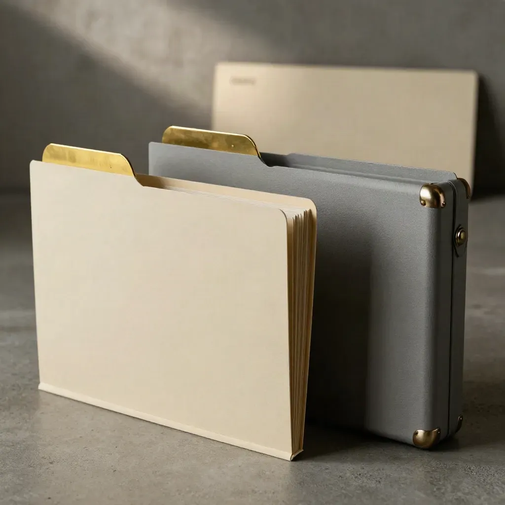 Blank archival folders with brass tabs beside a compact project case on concrete