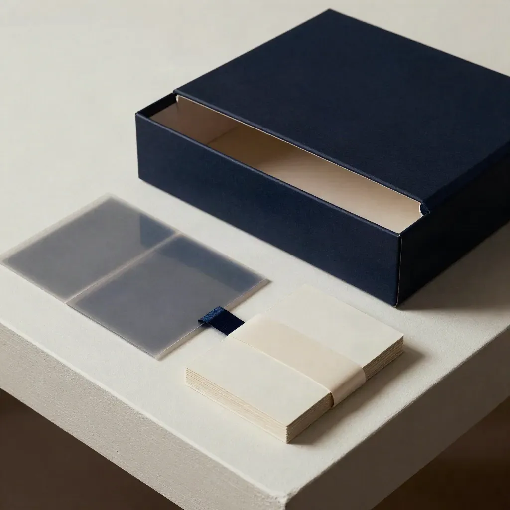 Half-open navy presentation box, acetate sleeves, and clipped deliverable cards on a pale plaster ledge.