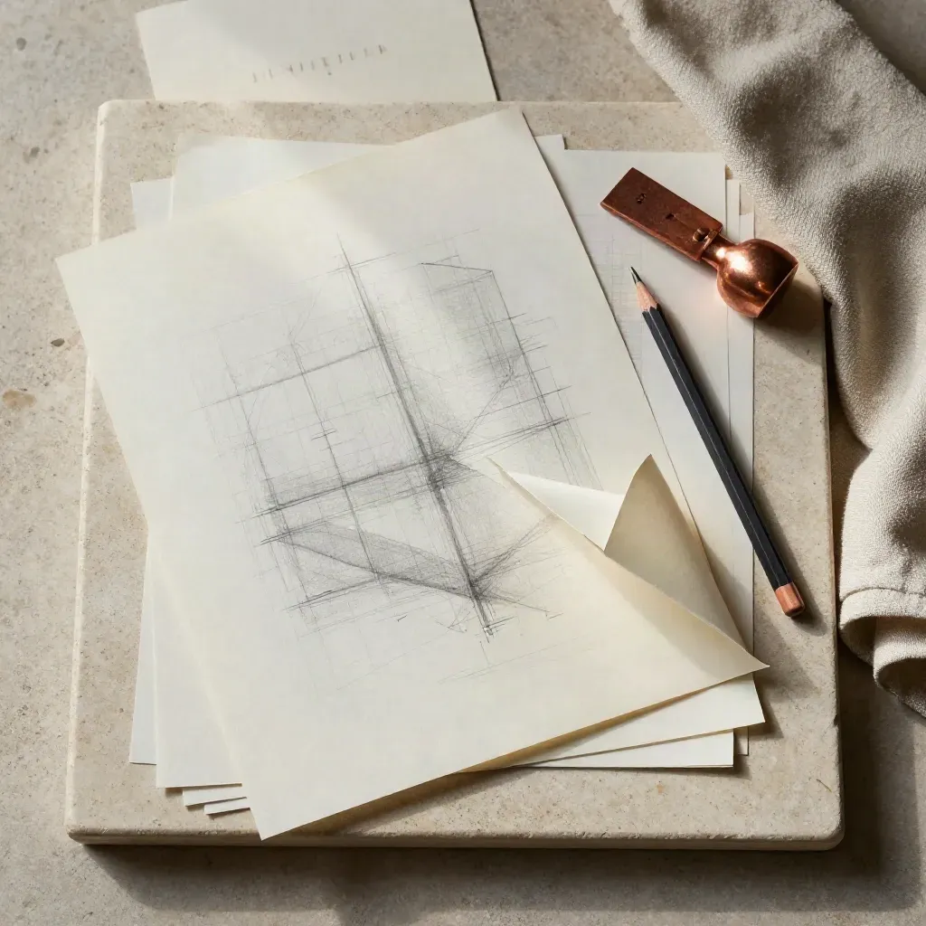 Tracing sheets, pencil, paper fold and copper weight on a stone tray in soft daylight.