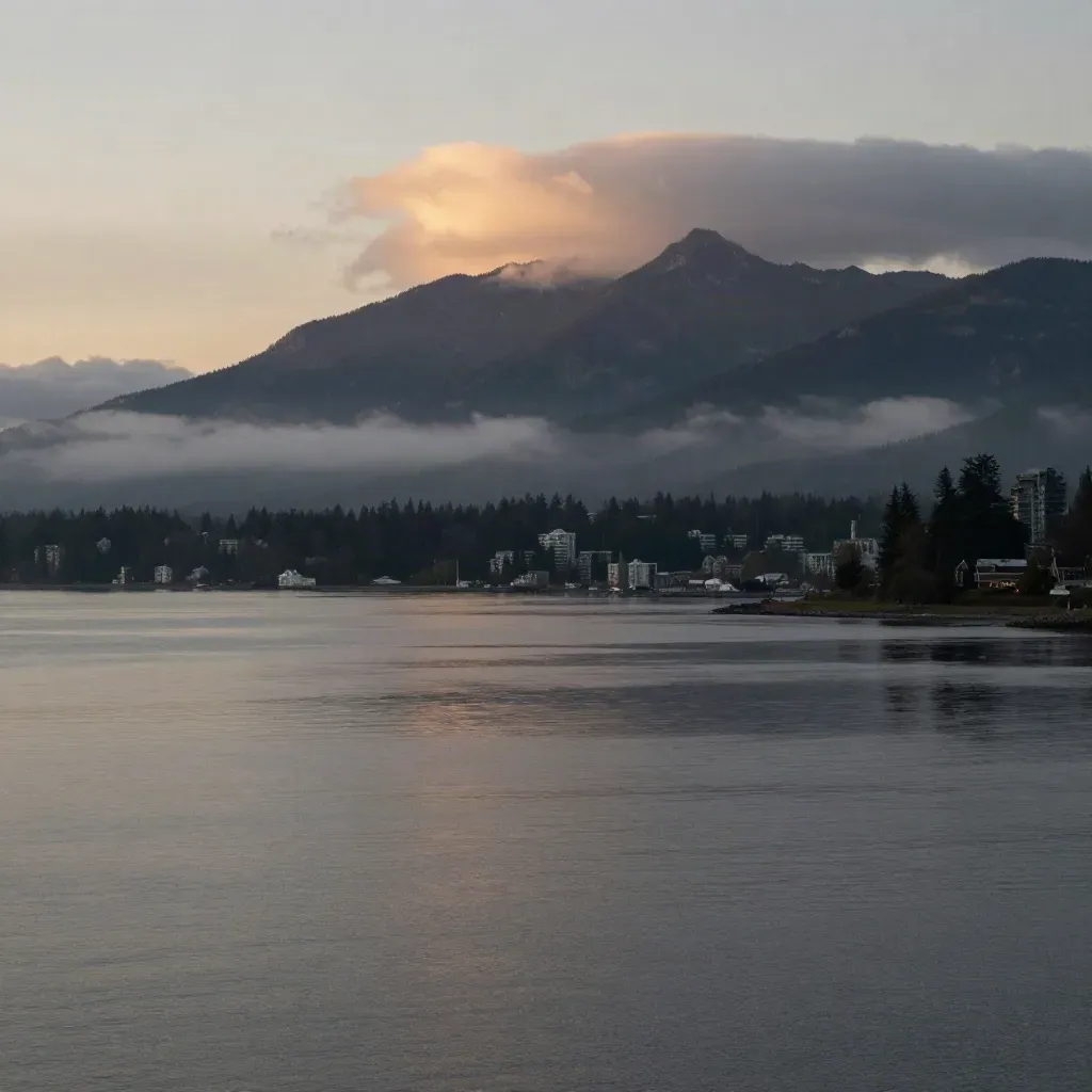 Vancouver harbor and North Shore mountains under misty evening light