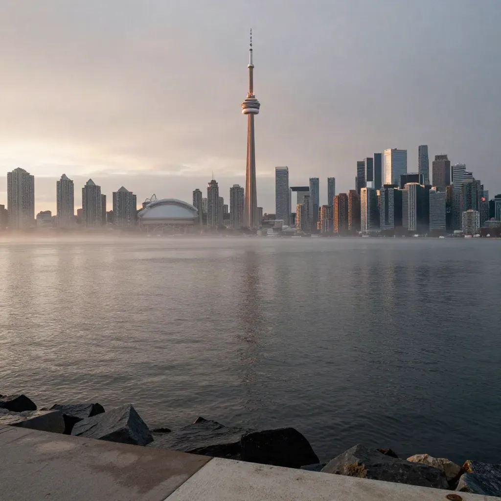 Toronto skyline and CN Tower rising from mist over Lake Ontario at dawn