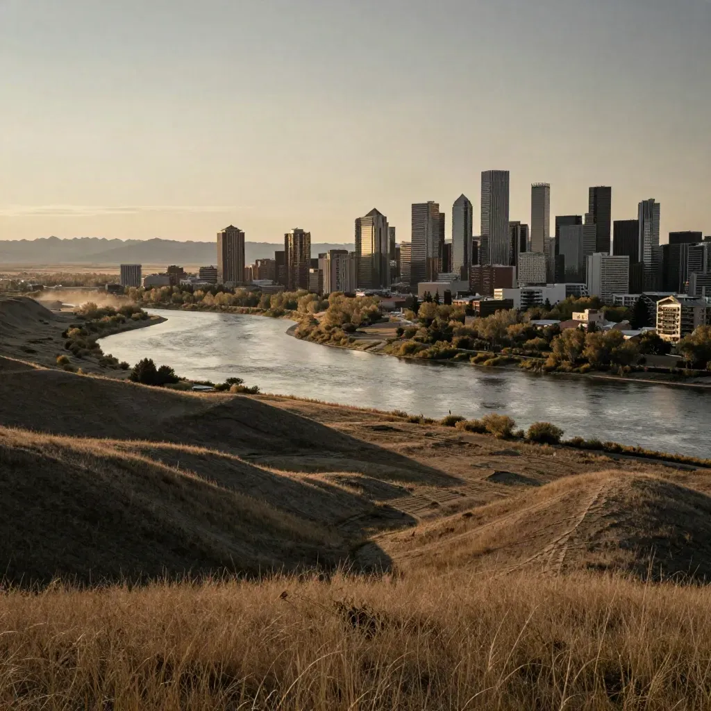Calgary river valley at golden hour with skyline high, open prairie below, Rockies faint beyond.